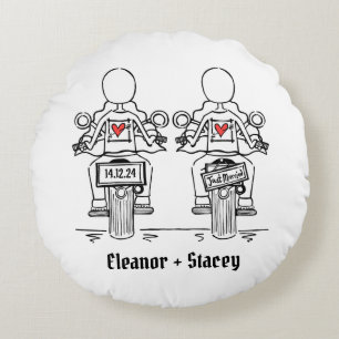 Two Brides Biker Motorcycle Wedding Round Pillow