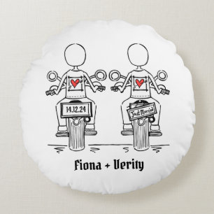 Two Brides Biker Motorcycle Wedding Round Pillow
