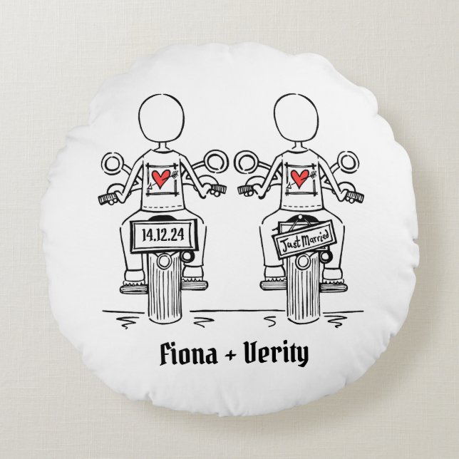 Two Brides Biker Motorcycle Wedding Round Pillow (Front)
