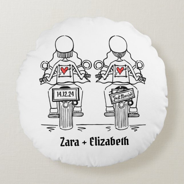 Two Brides Biker Motorcycle Wedding Round Pillow (Front)
