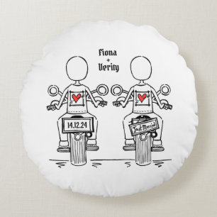 Two Brides Biker Motorcycle Wedding Round Pillow