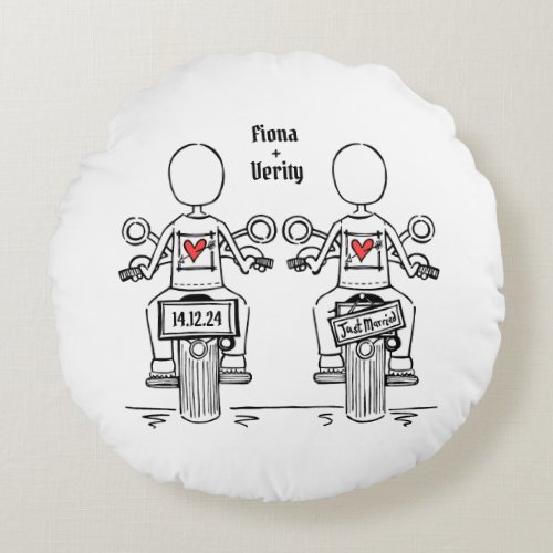 Two Brides Biker Motorcycle Wedding Round Pillow