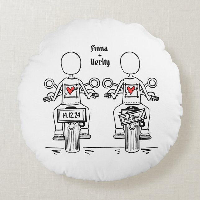 Two Brides Biker Motorcycle Wedding Round Pillow (Front)