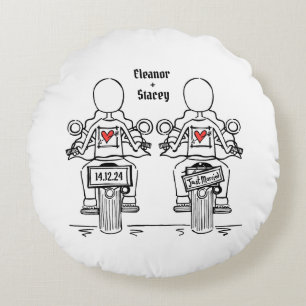 Two Brides Biker Motorcycle Wedding Round Pillow