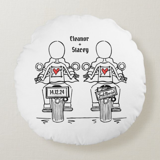 Two Brides Biker Motorcycle Wedding Round Pillow (Front)