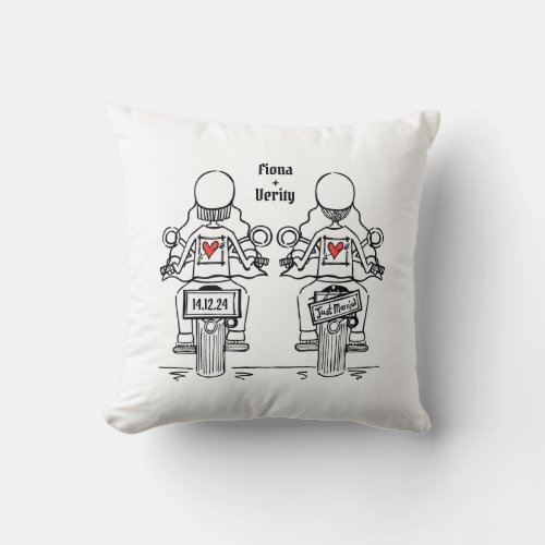 Two Brides Biker Motorcycle Wedding Throw Pillow