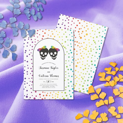 Two brides confetti rainbow colors lesbian wedding invitation