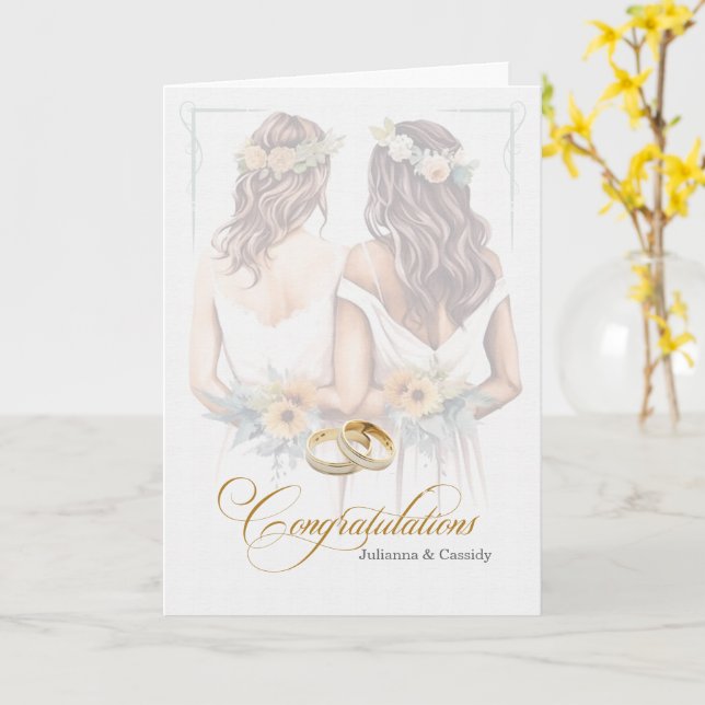 Two Brides Gay Wedding Congratulations Card (Yellow Flower)