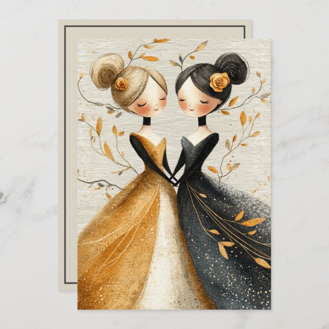 Two Brides Hand Drawn Pencil Illustration   Invitation (Front/Back)