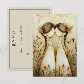 Two Brides Hand Drawn Pencil Illustration RSVP Card