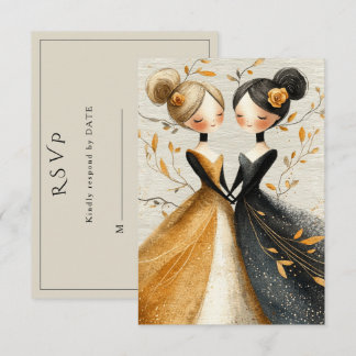 Two Brides Hand Drawn Pencil Illustration RSVP Card