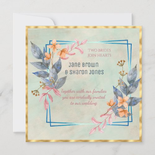 Two Brides Lesbian Watercolor Flowers Wedding Invitation