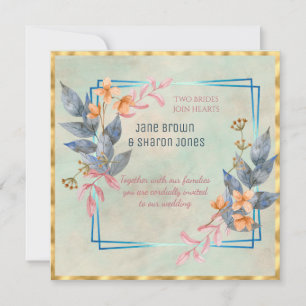 Two Brides Lesbian Watercolor Flowers Wedding Invitation