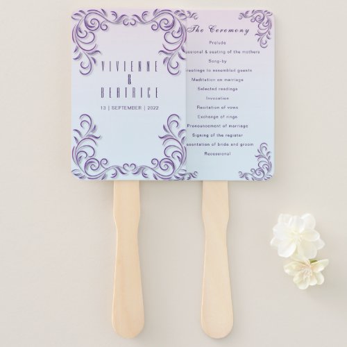 Two brides lilac wedding program hand fan