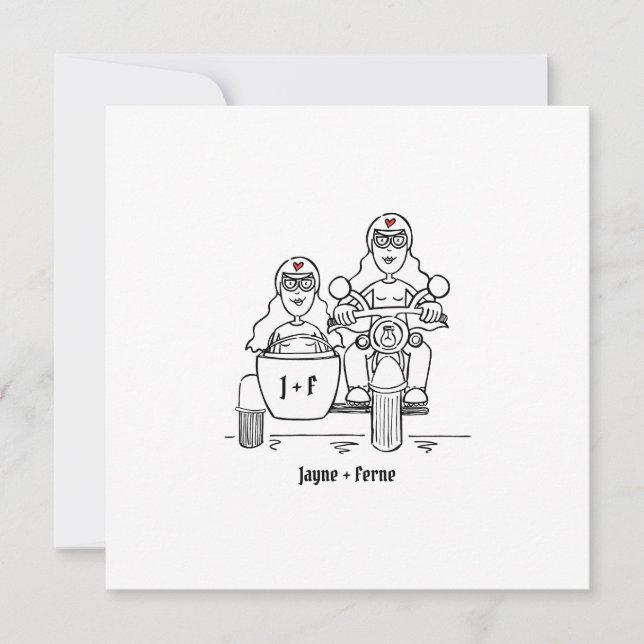 Two Brides Motorbike and Sidecar Evening Invitation (Front)