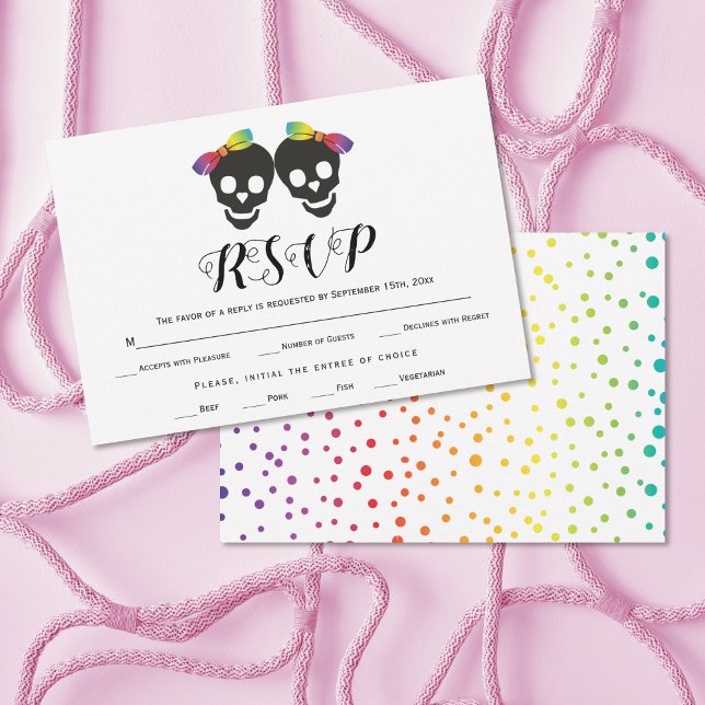 Two brides rainbow colors confetti lesbian wedding RSVP card (Creator Uploaded)