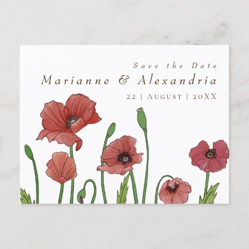 Two brides red poppy flower wedding Save the Date Announcement Postcard