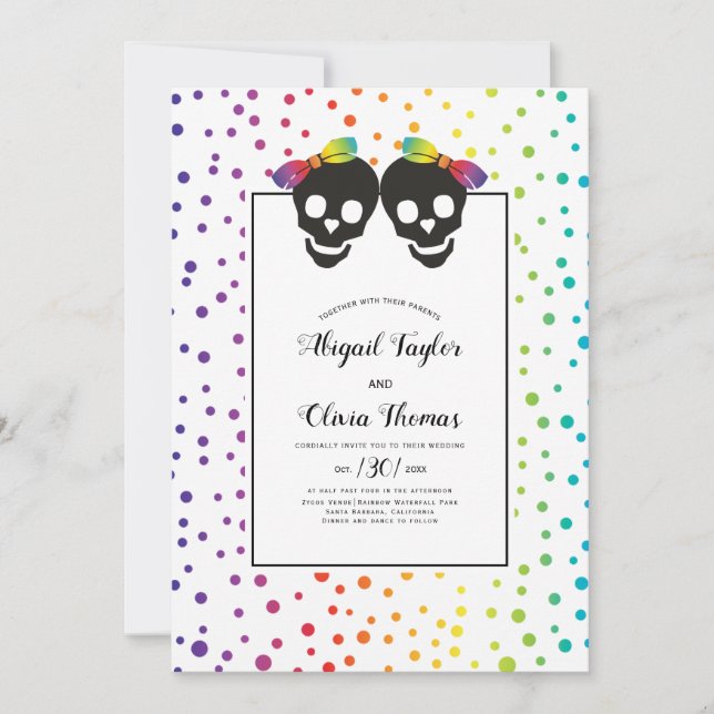 Two brides skull couple, confetti lesbian wedding invitation (Front)