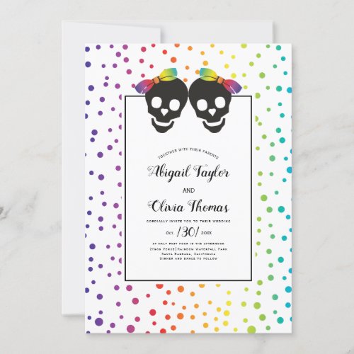 Two brides skull couple confetti lesbian wedding invitation