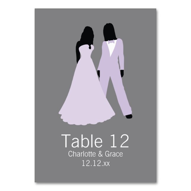 Two Brides Table Number Wedding (Lilac And Grey) (Front)