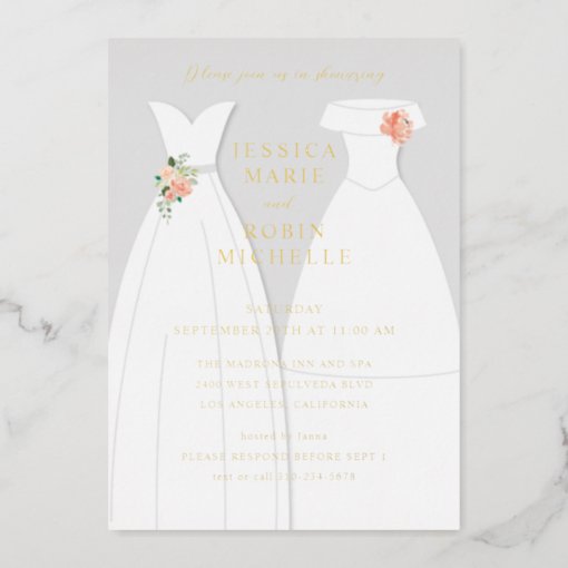 Two Brides Wedding Dress Lesbians Couples Shower Foil Invitation Zazzle