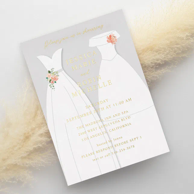 Two Brides Wedding Dress Lesbians Couples Shower Foil Invitation | Zazzle