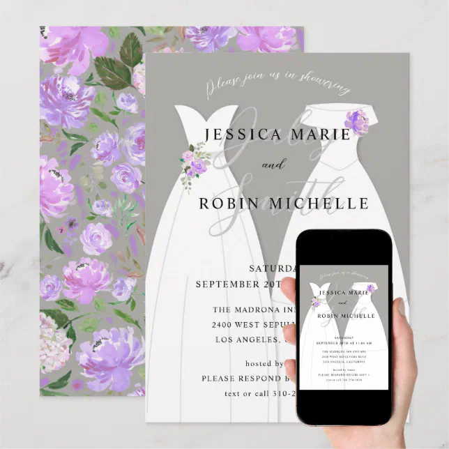 Two Brides Wedding Dress Lesbians Shower Purple Invitation | Zazzle