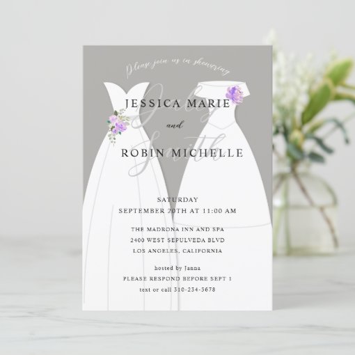 Two Brides Wedding Dress Lesbians Shower Purple Invitation Zazzle