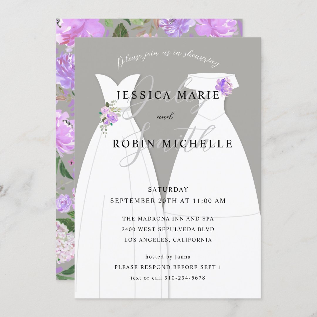 Two Brides Wedding Dress Lesbians Shower Purple Invitation Zazzle