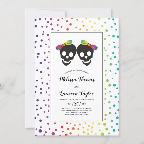 Two brides with bow rainbow colors lesbian wedding invitation