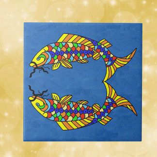 Two Bright Abstract Fancy fish on Deep Blue Ceramic Tile