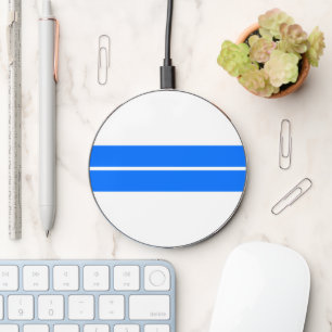 Two Bright Blue Center Racing Stripes On White Wireless Charger