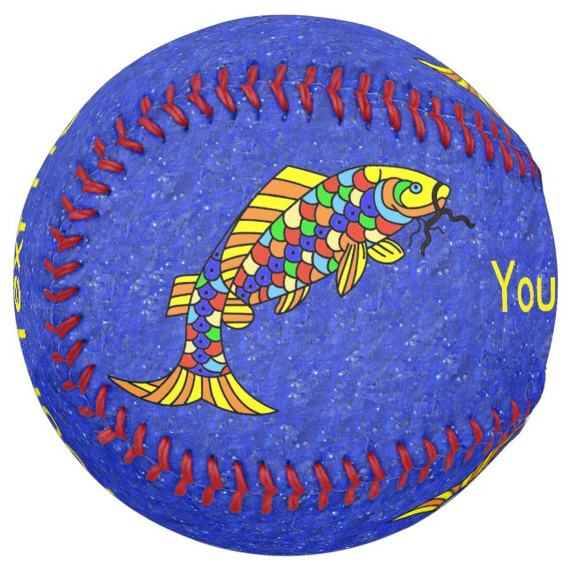 Two Bright Colorful Abstract Fish on Vibrant blue Softball (Front Left)