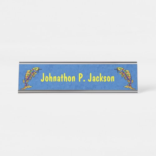 Two Brightly Colored Abstract Fish Blue Desk Name Plate