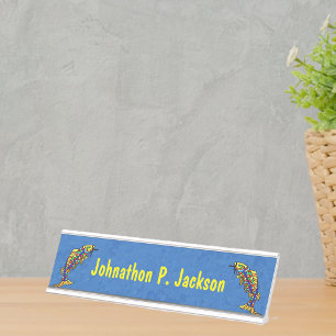 Two Brightly Colored Abstract Fish Blue Desk Name Plate