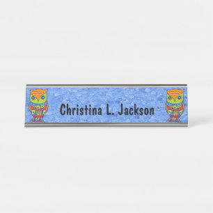 Two Brightly Colored Abstract Owls Star Eyes Blue Desk Name Plate