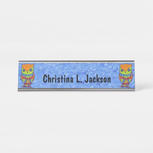 Two Brightly Colored Abstract Owls Star Eyes Blue Desk Name Plate