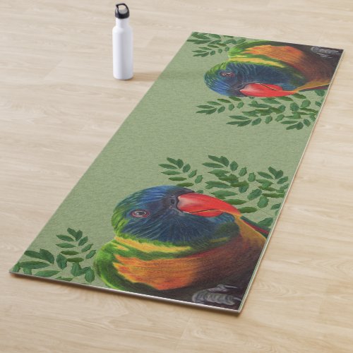 Two Brightly Colored Macaw Parrots Green Leaves Yoga Mat