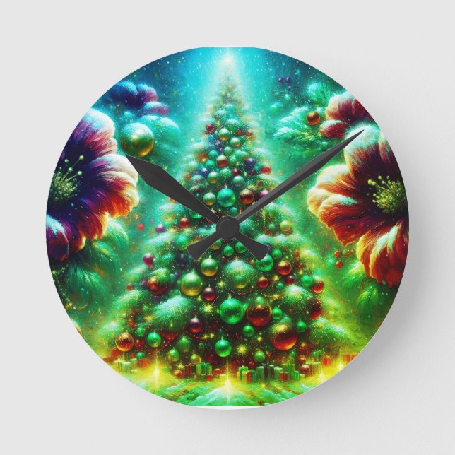 Two Brightly Decorated Christmas Trees on a Modern Round Clock (Front)