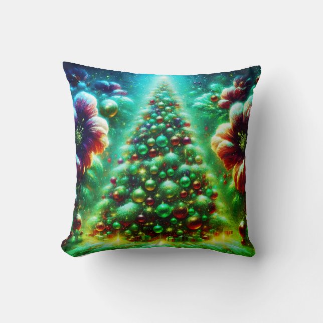 Two Brightly Decorated Christmas Trees on a Modern Throw Pillow (Front)