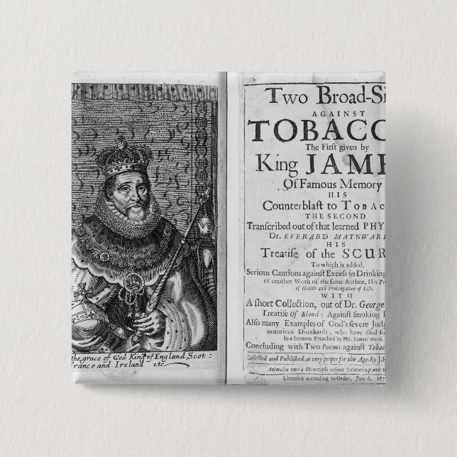 'Two Broadsides Against Tobacco Button (Front)