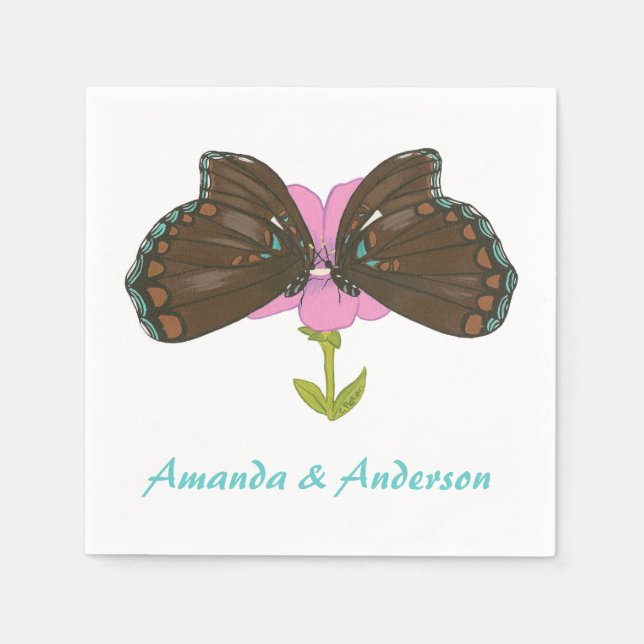 Two Brown Butterflies on Pink Flower Napkins (Front)