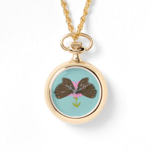 Two brown butterflies, pink flower ewatch necklace