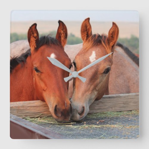 Two Brown Horses on Farm Photo Wall Clock