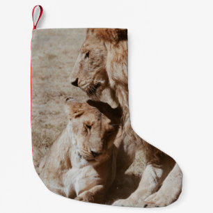 TWO BROWN LION ON GREEN FIELD SMALL CHRISTMAS STOCKING