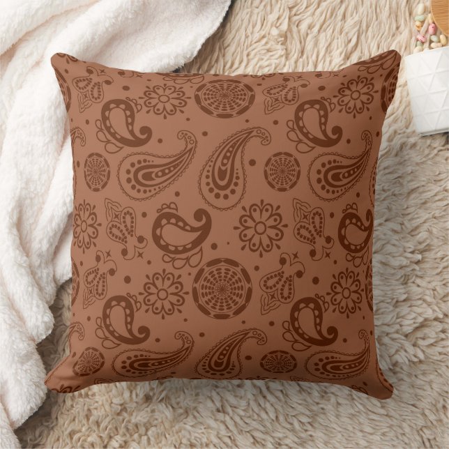 Two Brown Tones Floral Paisley Pattern Throw Pillow (Blanket)
