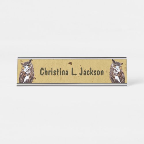 Two Brown White Barn Owls Golden Eyes on Yellow Desk Name Plate