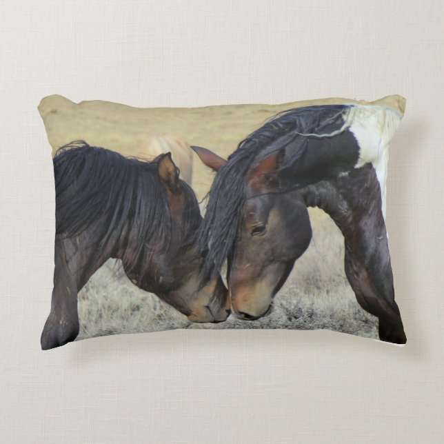 Two Brown Wild Horses Nuzzling Accent Pillow (Front)