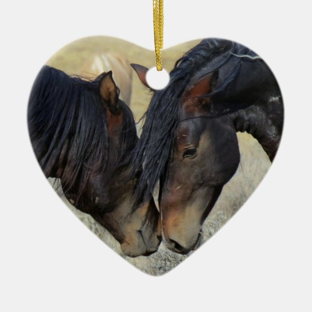 Two Brown Wild Horses Nuzzling Ceramic Ornament (Front)