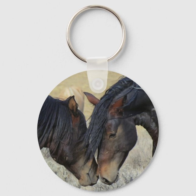 Two Brown Wild Horses Nuzzling Keychain (Front)